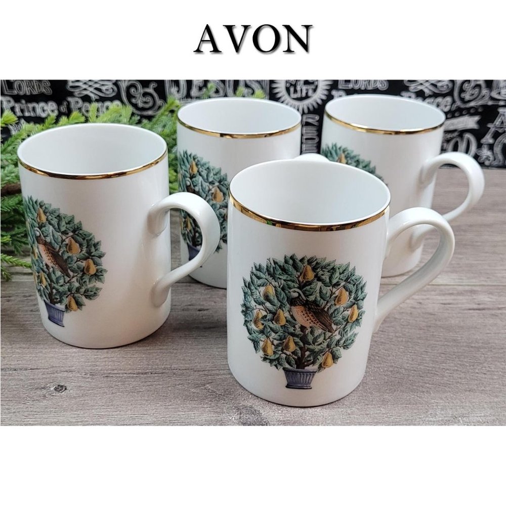 4 Vintage AVON 14K Gold Trim 12 Days of Christmas Patridge Mugs 1970's